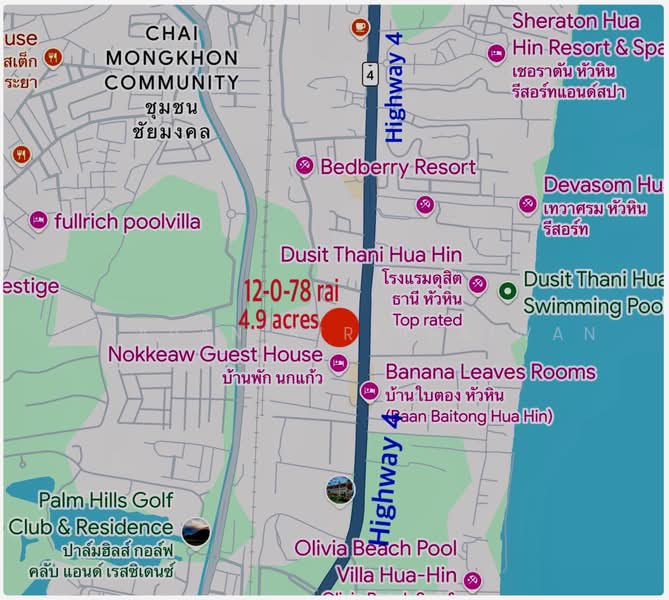 Land 12 rai (4.9 acre) facing Phetkasem Road (Highway 4) 10 km to Hua Hin city, Phetchaburi